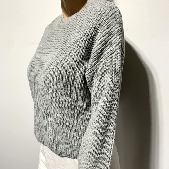 BP Cleo Sweater Women's Size S Grey Heather Chunky Rib Knit Cotton Crop Crewneck - Picture 8 of 12